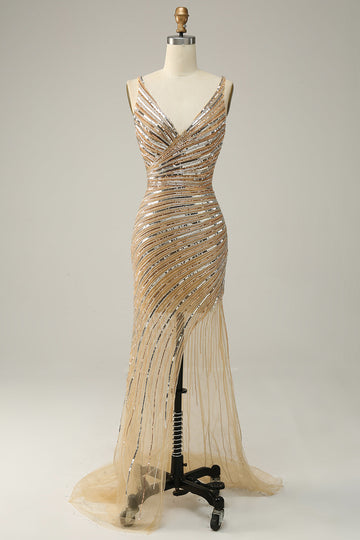 Sheath V Neck Golden Sequins Long Ball Dress with Open Back